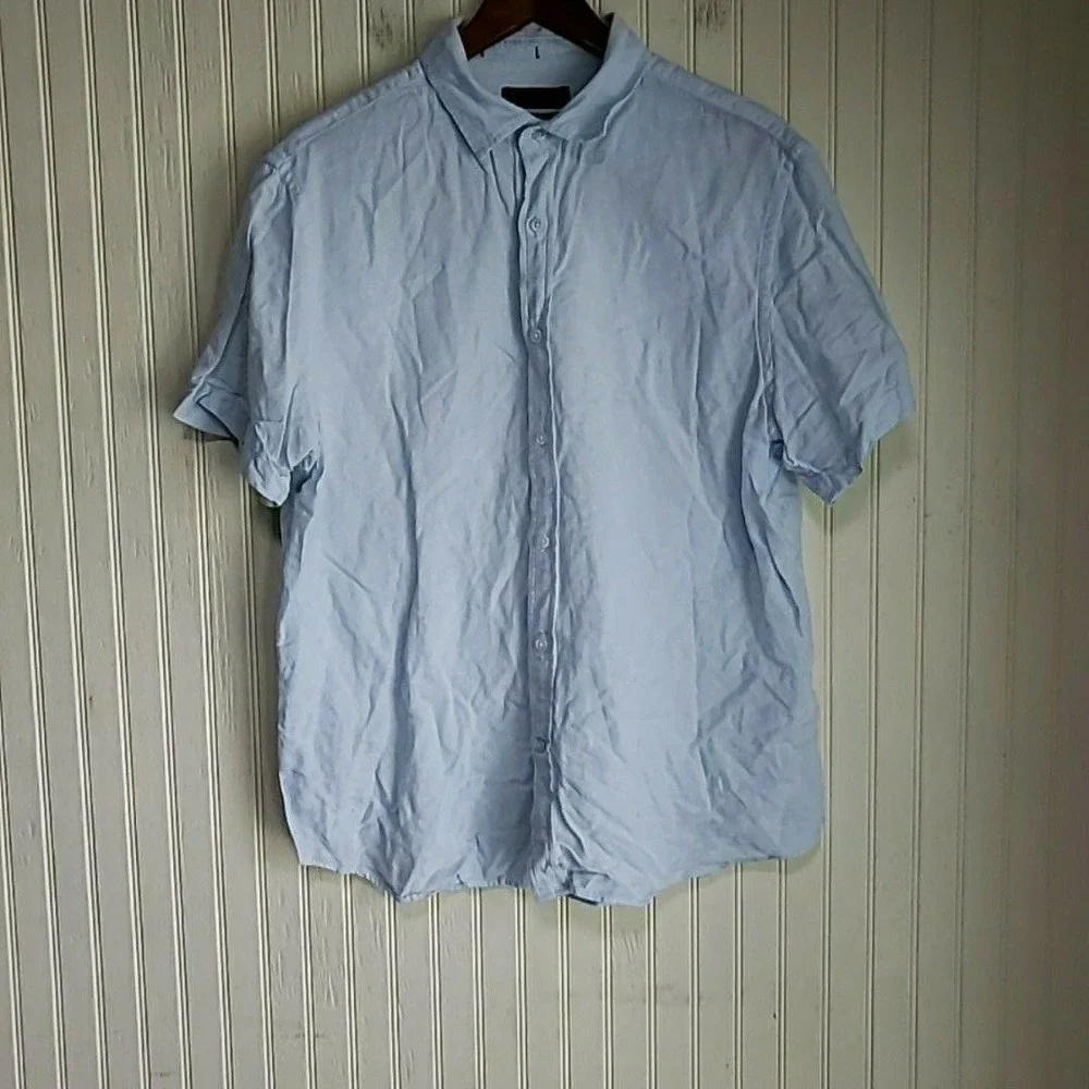 Banana Republic Shirt Mens Large Blue Linen Short Sleeve Button Up Slim Fit